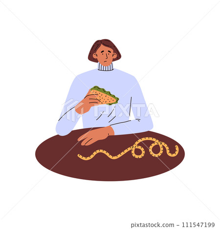 Sad woman eating sandwich and watching for centimeter tape on table 111547199