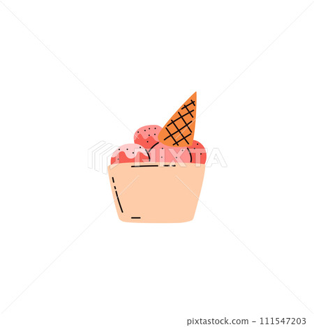 Ice cream basket with waffle cone, dairy cold sweet in container, pink balls ice cream product, vector eating disorder 111547203