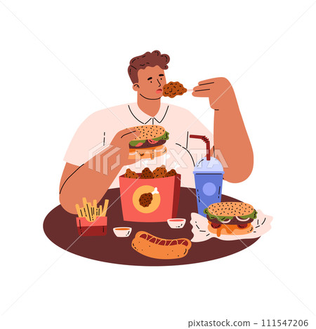 Man with eating disorder eats fast food, flat vector illustration isolated. Man with eating disorder eats fast food, flat vector illustration isolated. 111547206