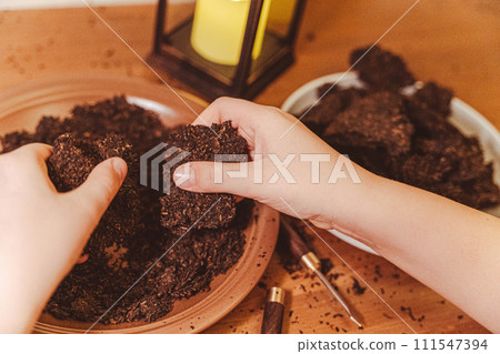 human hands break up pressed Pu-erh tea with a tea knife or awl. making tea. 111547394