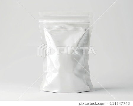 White packaging pouch with a resealable zipper on a white background. Sachet stand-up doypack white mockup isolated on white background 111547743