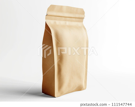 Brown paper packaging pouch with a resealable zipper on a white background. Sachet stand-up doypack paper mockup isolated on white background. 111547744