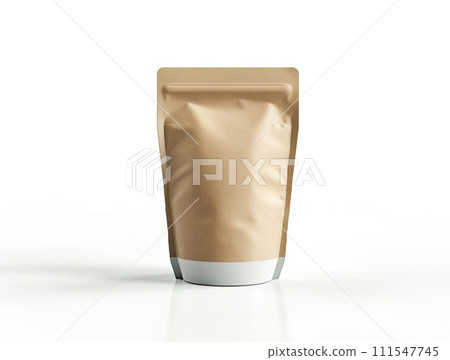 Brown paper packaging pouch with a resealable zipper on a white background. Sachet stand-up doypack paper mockup isolated on white background. 111547745