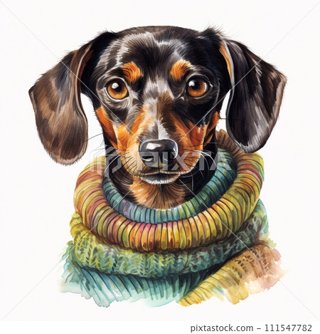 Dachshund dog with scarf. Digital watercolor illustration. Dachshund dog with scarf. Digital watercolor illustration. 111547782