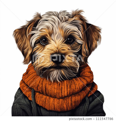 Portrait of a cute mixed breed dog wearing warm scarf and sweater. Portrait of a cute mixed breed dog wearing warm scarf and sweater. 111547786