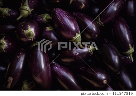 From above full frame stack of ripe raw purple eggplant vegetable with purple spots placed on stall in local market 111547819