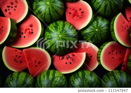 Watermelons at the fruit market and they are tropical fruit. Watermelon cut into pieces with bright red color. The taste is very sweet and refreshing, watermelon background. 111547847
