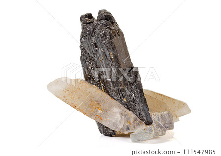 Macro of a stone wolframite mineral quartz fluorite on a white background Macro of a stone wolframite mineral quartz fluorite on a white background 111547985