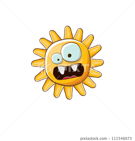 vector bright cartoon style summer sun character isolated on white background. Summer sun sticker and label isolated. funky kids summer character with eyes and mouth 111548073