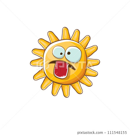 vector bright cartoon style summer sun character isolated on white background. Summer sun sticker and label isolated. funky kids summer character with eyes and mouth 111548155