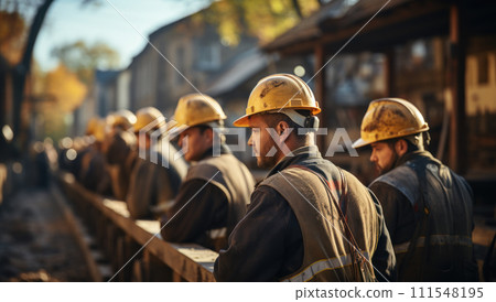 Rear view of a large group of construction workers in hard hats on an open construction site going to work  111548195