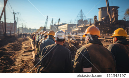 Rear view of a group of construction workers wearing hard hats on an outdoor construction site with construction cranes in the background 111548197