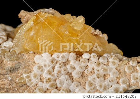Macro stone Aragonite mineral on a black background 111548202