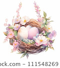 Three colorful eggs in bird's nest with flowers.Easter greeting card featuring traditional symbols of spring holiday,set against white background. Cute watercolor-style AI generated illustration. 111548269