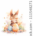Easter greeting card with copy space. Kawaii fluffy rabbit among colorful easter eggs and flowers. Spring postcard with cute bunny for religious holiday. Watercolor style, AI generated illustration. 111548271