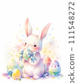 Easter greeting card with copy space. Kawaii fluffy bunny among rainbow colored easter eggs. Spring postcard with cute baby rabbit for religious holiday. Watercolor style, AI generated illustration. 111548272