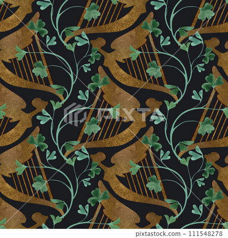 Seamless pattern with symbols of Ireland. Wrapping paper for St. Patrick's Day. Watercolor in vintage style on a black background. Seamless pattern with symbols of Ireland. Wrapping paper for St. Patrick's Day. Watercolor in vintage style on a black background. 111548278