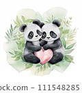 Two smiling panda bears with red heart. Bamboo leaves contour on background. Cute little animals hug each other with love. Watercolor style imitation. Card with lovely illustration for Valentine's 111548285