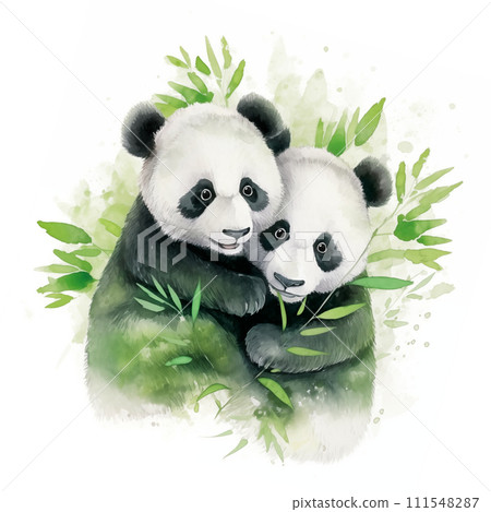 Two little panda bears with bamboo leaves contour on background. Cute little animals hug each other with love. Watercolor style, AI generated. Card with lovely illustration. 111548287