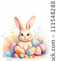 Easter greeting card with copy space. Laughing fluffy bunny sits among colorful easter eggs in grass. Cute spring postcard for religious holiday. Watercolor style, AI generated illustration. 111548288