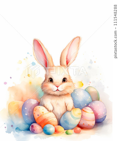 Easter greeting card with copy space. Laughing fluffy bunny sits among colorful easter eggs in grass. Cute spring postcard for religious holiday. Watercolor style, AI generated illustration. Easter greeting card with copy space. Laughing fluffy bunny sits among colorful easter eggs in grass. Cute spring postcard for religious holiday. Watercolor style, AI generated illustration. 111548288