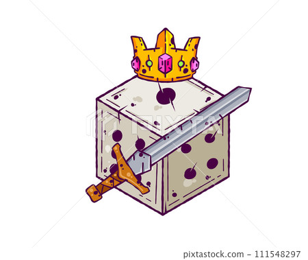 Dice d6 for playing tabletop board game. Fantasy art sticker, adventure boardgame, king with sword and crown roleplaying decoration, Cartoon outline drawn illustration 111548297