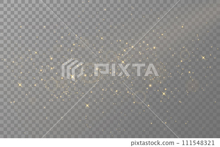 Gold glitter. Christmas shining dust. Magic golden sparks and light. Bright stars with particles. Shiny firework with bokeh effect. Stardust decoration. Vector illustration 111548321