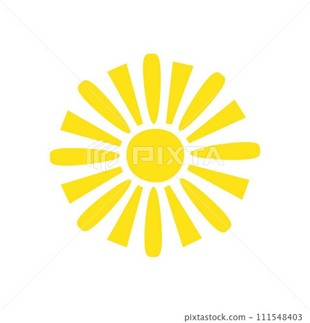 Simple yellow sun vector flat illustration with round shape middle and beams, cute summer image for making cards, decor, vacation concept, holiday and summertime design for children Simple yellow sun vector flat illustration with round shape middle and beams, cute summer image for making cards, decor, vacation concept, holiday and summertime design for children 111548403