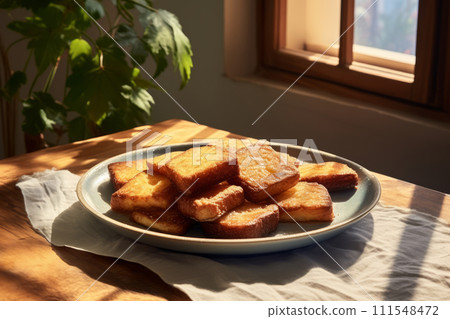 Traditional Spanish dessert Torrijas. Heap of a deep fried sweet bread on a plate in the sunlight 111548472