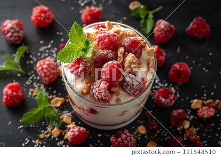 Yogurt and berry Parfait with granola and mint in a glass on black table surrounded by berries Yogurt and berry Parfait with granola and mint in a glass on black table surrounded by berries 111548510