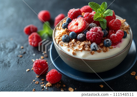 Yogurt and berry Parfait with granola and mint in a bowl on black background with copy space 111548511