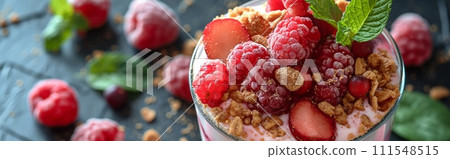 Yogurt and berry Parfait with granola and mint in a glass on black table surrounded by berries 111548515