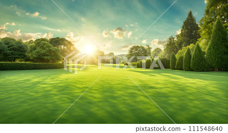 Meticulously trimmed wide lawn under a deep blue sky 111548640