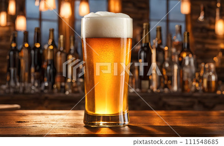 Frothy beer being poured into a chilled glass 111548685