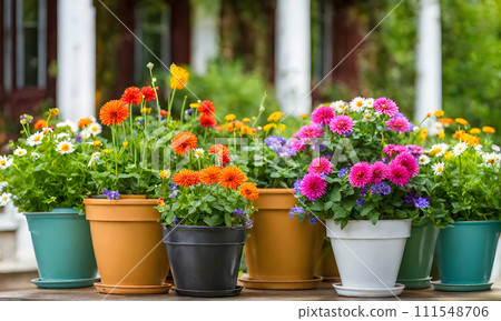 An array of terracotta flowerpots cradling an assortment of colorful flowers, captured with a shallow depth of field An array of terracotta flowerpots cradling an assortment of colorful flowers, captured with a shallow depth of field 111548706