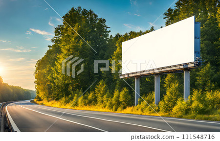Billboard standing tall beside a bustling highway 111548716