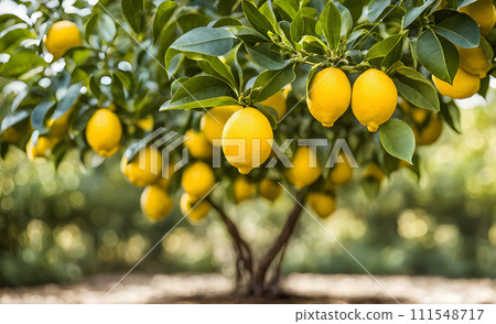 Lemon tree branches laden with bright yellow lemons 111548717