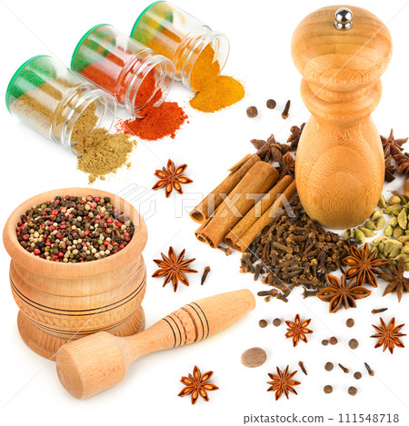 Set of spices, mortar with pestle and grinder isolated on white. Collage. 111548718
