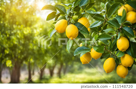 Lemon tree branches laden with bright yellow lemons Lemon tree branches laden with bright yellow lemons 111548720