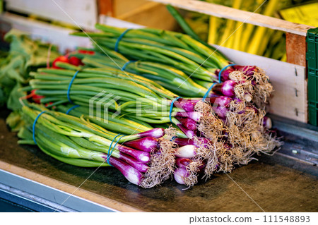 Bunch of onions sitting on top of counter next to other vegetables Bunch of onions sitting on top of counter next to other vegetables 111548893