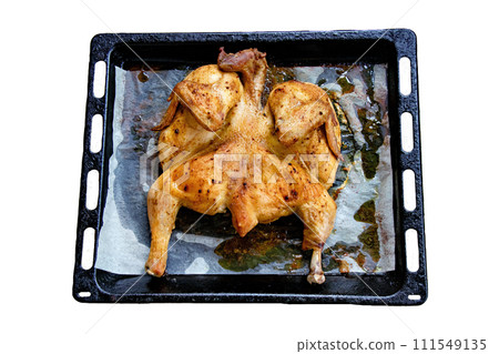 Black deco with baked grilled chicken on white background. 111549135