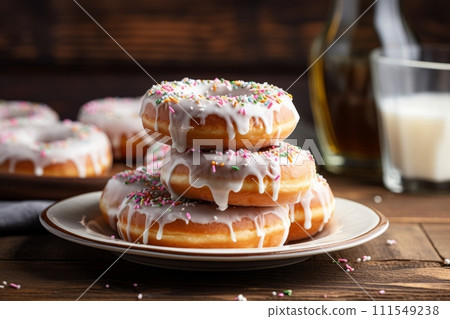 A heap of homemade freshly baked white glazed donuts with colorful sprinkles on the plate 111549238