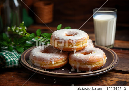 A heap of homemade freshly baked white glazed donuts with white sprinkles on the plate 111549240