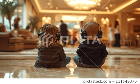 Two sad children are sitting on the floor with headphones on against the background of their parents' party 111549370