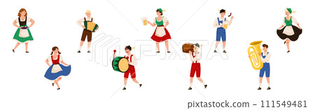Oktoberfest with Man and Woman Character Celebrating Beer German Festival Vector Set 111549481