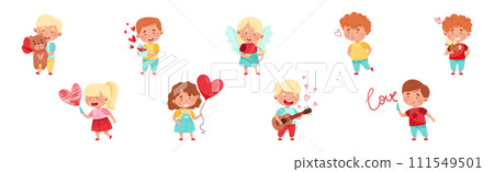 Cute Boy and Girl Feel Love at Valentine Day Vector Set 111549501