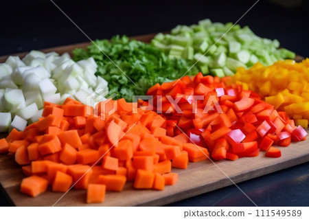 Fresh chopped vegetables on a cutting board 111549589
