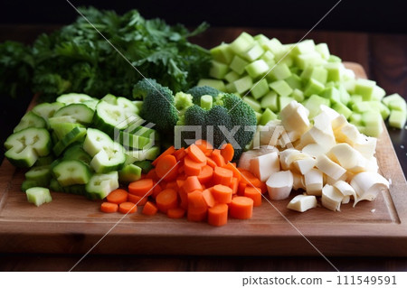Various chopped vegetables: cabbage, carrot, broccoli, greens, mushroom, pepper. Various chopped vegetables: cabbage, carrot, broccoli, greens, mushroom, pepper. 111549591