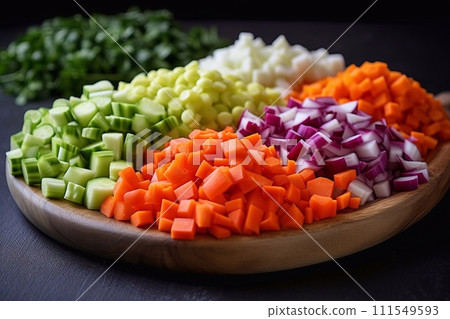 plate of stir fry vegetables on wooden table, top view 111549593