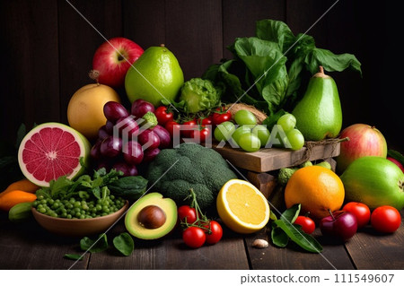 Composition with assorted raw organic vegetables and fruits. 111549607